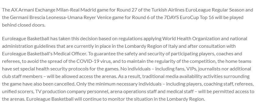 Η ανακοίνωση της Euroleague