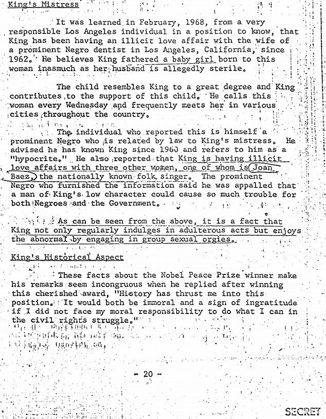 Η απόρρητη έκθεση του FBI ισχυριζόταν ότι ο Μάρτιν Λούθερ Κινγκ είχε εξωσυζυγικές σχέσεις, μεταξύ άλλων και με την τραγουδίστρια Τζοάν Μπαέζ.