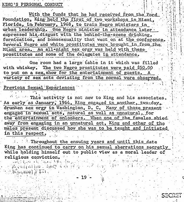 Η έκθεση του FBI υποστήριζε ότι ο Κινγκ μετείχε σε σεξουαλικά όργια