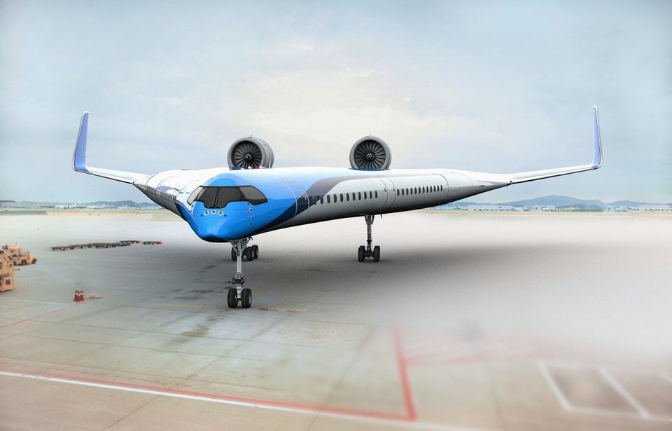 Τo αεροσκάφος “Flying-V” έχει δύο ατράκτους που αναπτύσσονται διαγωνίως από το ρύγχος του.