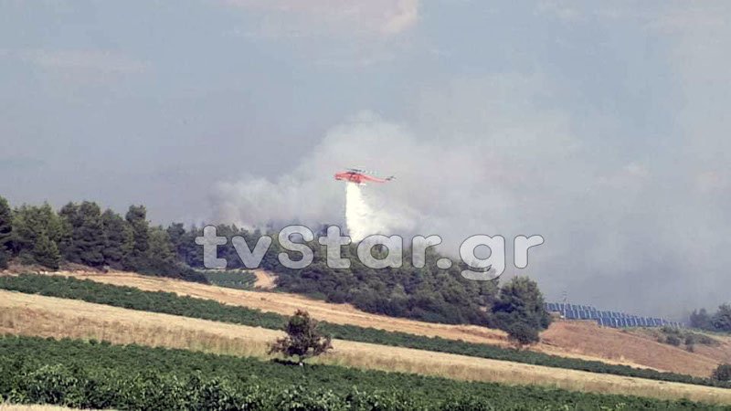 Ελικόπτερο ρίχνει νερό στη φωτιά στην Τανάγρα
