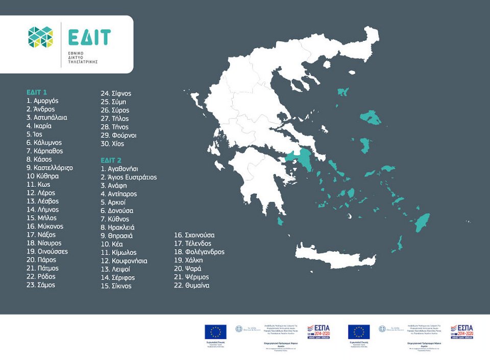 Χάρτης της Ελλάδας και λίστα με τα 22 νησιά όπου πραγματοποιείται η τηλεϊατρική