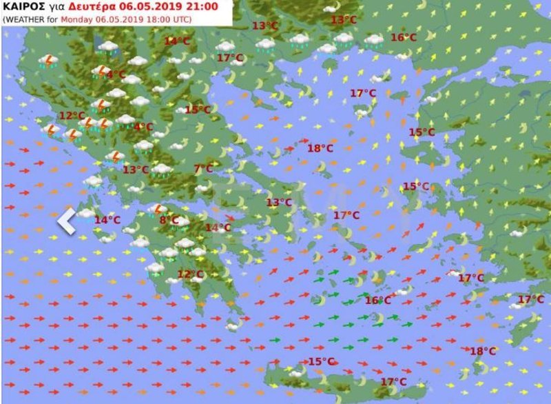 Προγνωστικός χάρτης της ΕΜΥ που δείχνει βροχές στο δυτικό τμήμα της χώρας