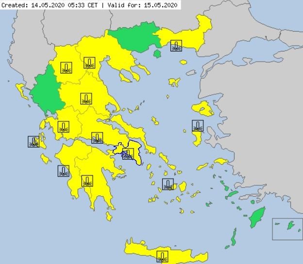 Προειδοποιητικός χάρτης του MeteoAlarm για τις θερμοκρασίες της Παρασκευής