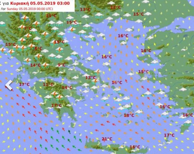 Χάρτης της ΕΜΥ που προβλέπει καταιγίδες σε αρκετά σημεία της χώρας τα ξημερώματα της Κυριακής