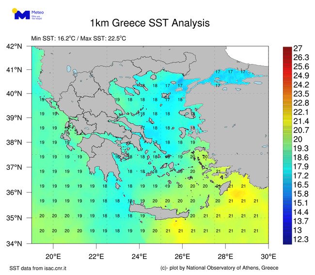 καιρός χάρτης με τη θερμοκρασία της θάλασσας