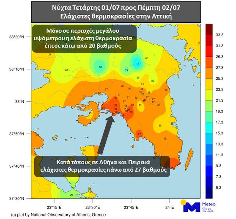 καιρός υψηλές θερμοκρασίες τη νύχτα στην Αττική