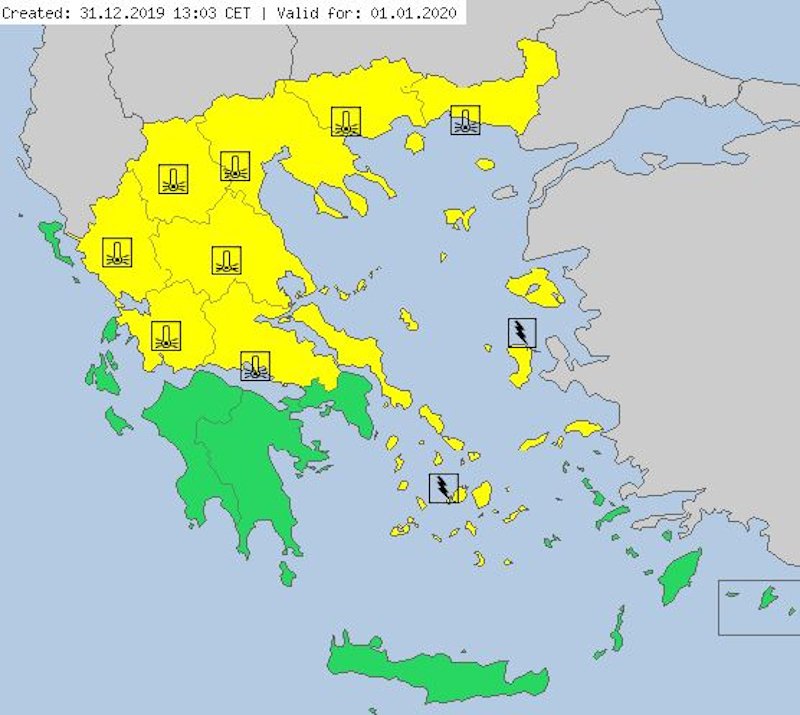 Με χαμηλές θερμοκρασίες και καταιγίδες σε Κυκλάδες και ΒΑ Αιγαίο ο καιρός της Πρωτοχρονιάς / Πηγή: METEOALARM.EU