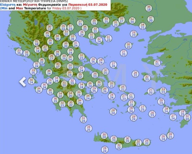 Χάρτης για τον καιρό της Παρασκευής