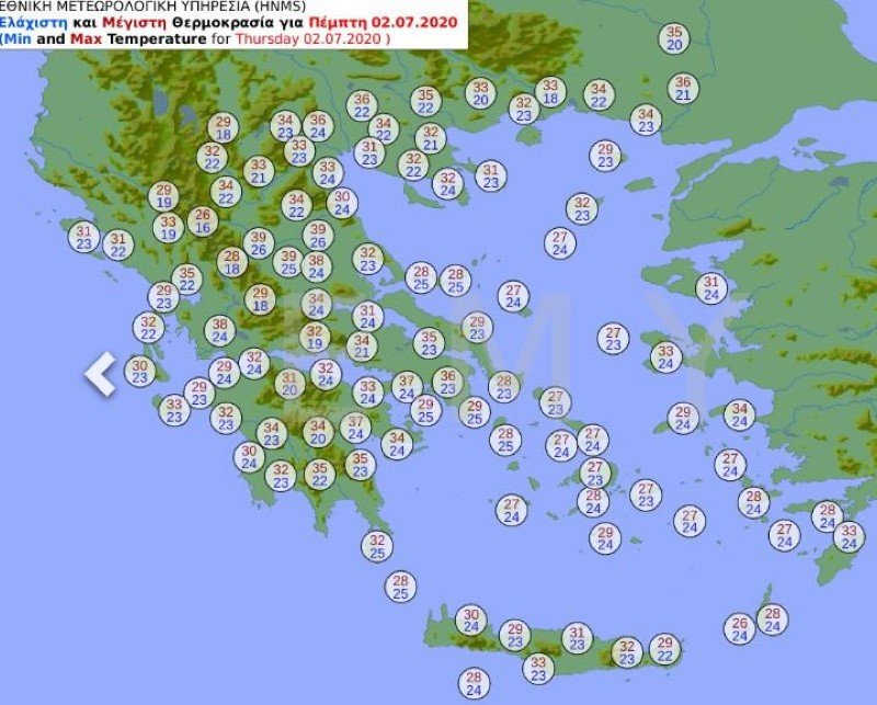 Χάρτης για τον καιρό της Πέμπτης