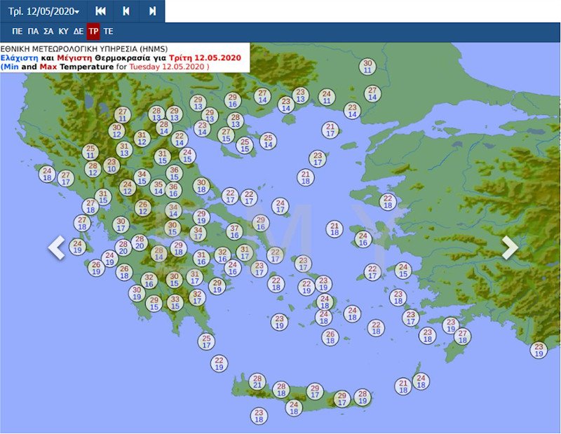 καιρός χάρτης με άνοδο της θερμοκρασίας