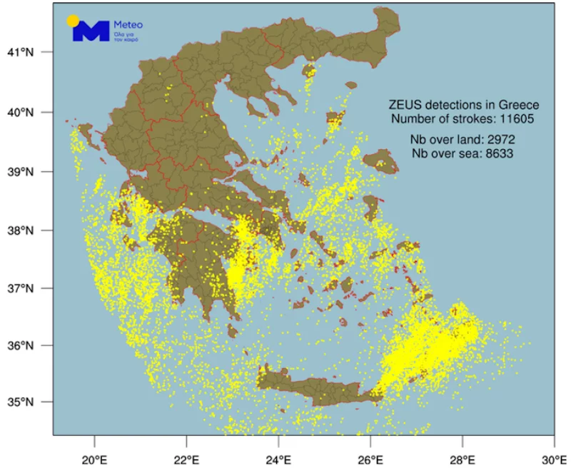 Η κεραυνική δραστηριότητα κατά τη διάρκεια της κακοκαιρίας, «Γηρυόνης» / Φωτογραφία: meteo