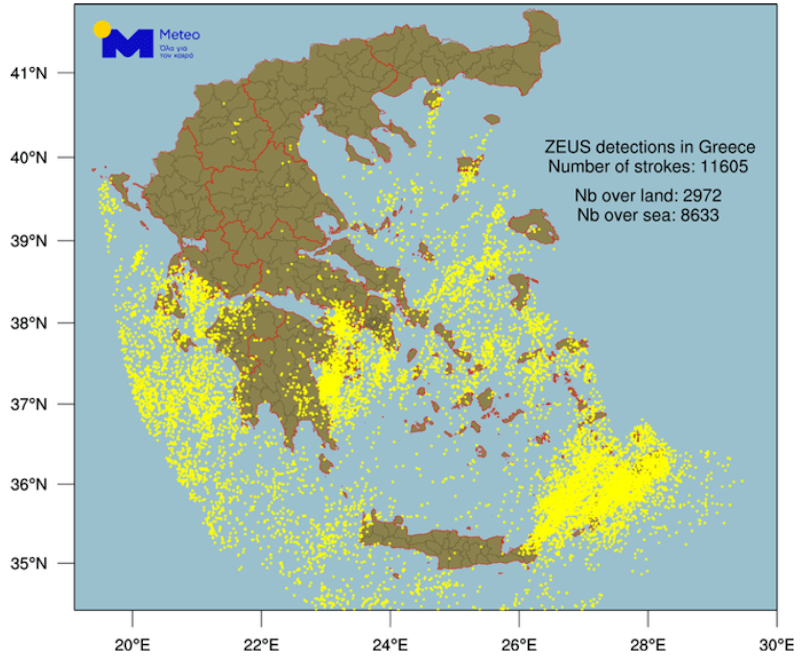 Η κεραυνική δραστηριότητα κατά τη διάρκεια της κακοκαιρίας, «Γηρυόνης» / Φωτογραφία: meteo