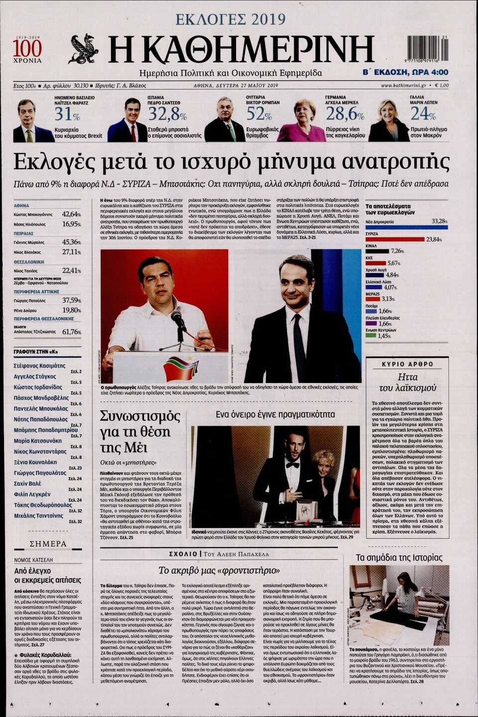 Καθημερινή: «Εκλογές μετά το ισχυρό μήνυμα ανατροπής»