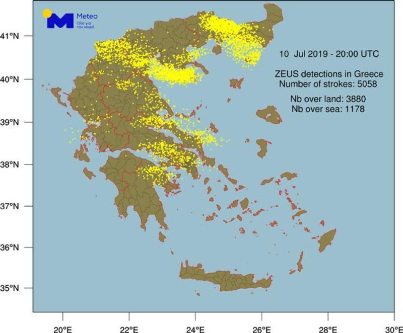 Ο χάρτης των κεραυνών κατά τη φονική κακοκαιρία στη Χαλκιδική
