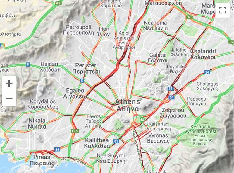 Κόκκινος ο χάρτης, καθώς η κίνηση είναι ιδιαίτερα αυξημένη στους δρόμους της Αθήνας