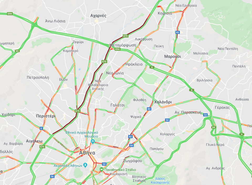  Στο «κόκκινο» ο χάρτης της πρωτεύουσας λόγω της κίνησης 