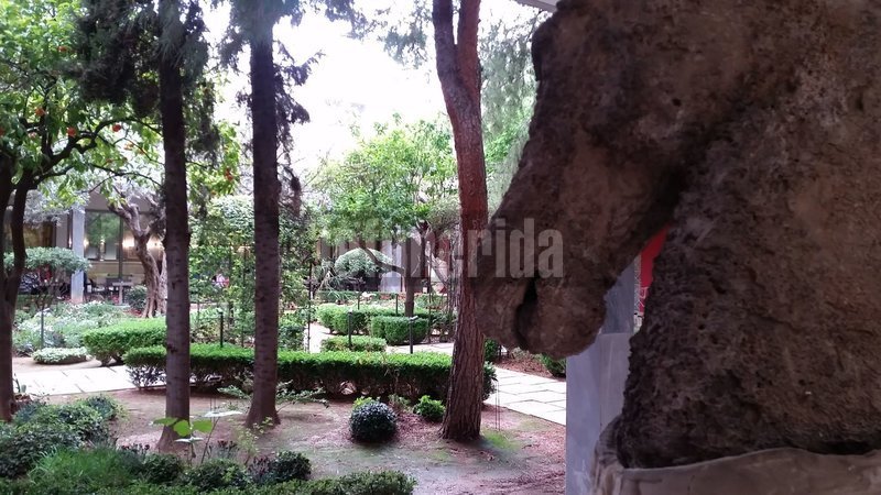 Αγαλμα αλόγου και ο κήπος ως φόντο