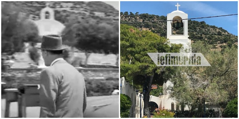 Ο Νίκος Σταυρίδης ετοιμάζεται να μπει στο καφενεδάκι. Στο βάθος η Αγία Μαρίνα