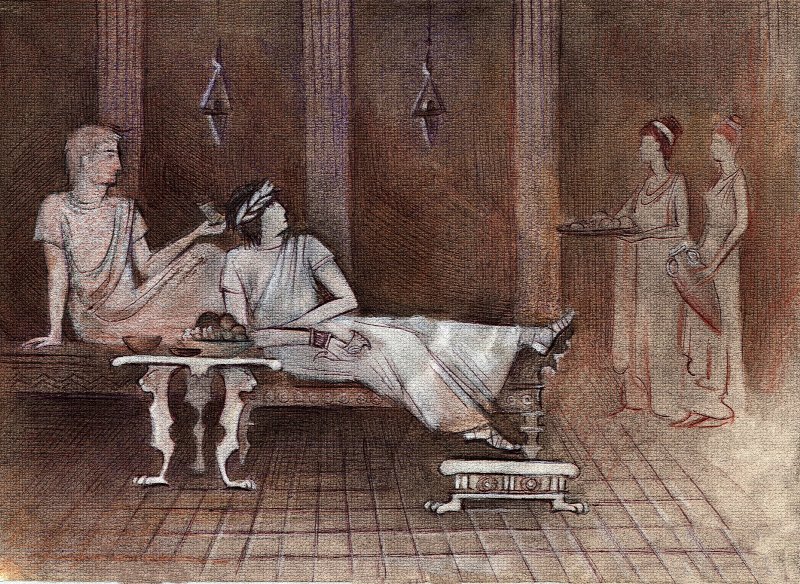 Πλούσιοι Ρωμαίοι ξαπλωμένοι πίνουν κρασί που τους σερβίρουν δούλοι