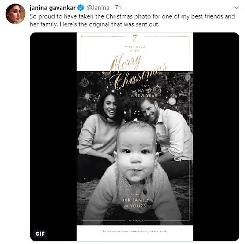 Το tweet της Τζανίνα Γκαβανκάρ με τη φωτογραφία της Μέγκαν Μαρκλ με τον πρίγκιπα Χάρι και τον Αρτσι