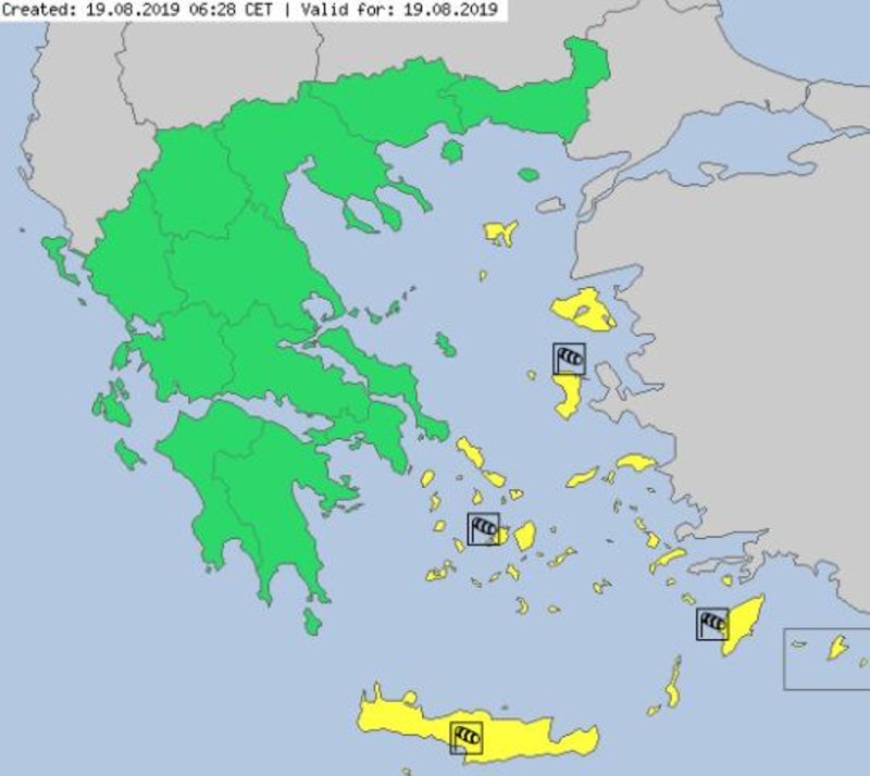 Ο χάρτης προειδοποίησης για τους ανέμους σήμερα