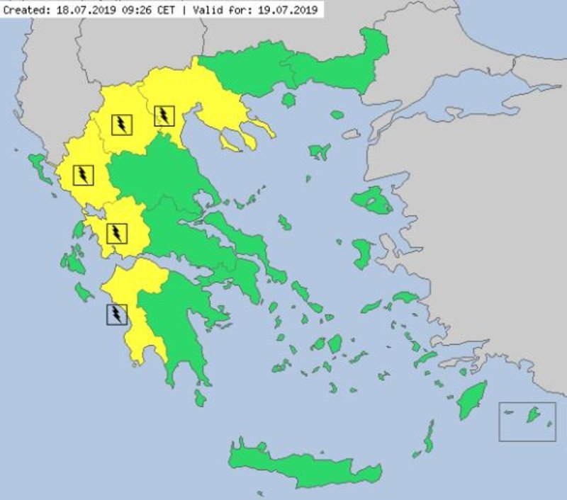 Ο χάρτης του MeteoAlarm επισημαίνει με κίτρινο τις αναμενόμενες καταιγίδες στα ορεινά / Πηγή: METEOALARM.EU