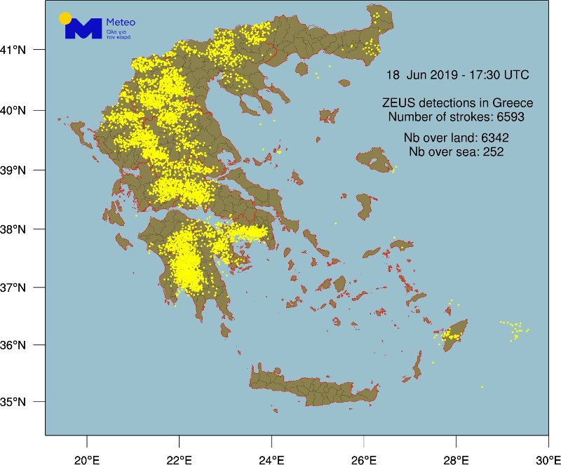 Χάρτης του meteo με τους κεραυνούς