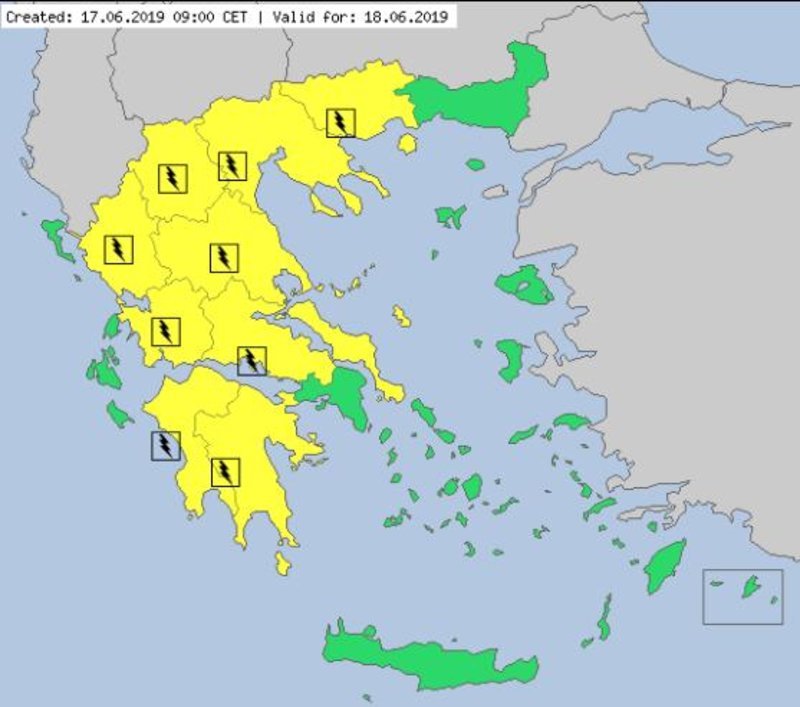 Ο χάρτης του MeteoAlarm για την Τρίτη. Με κίτρινο επισημαίνονται οι περιοχές όπου αναμένονται καταιγίδες