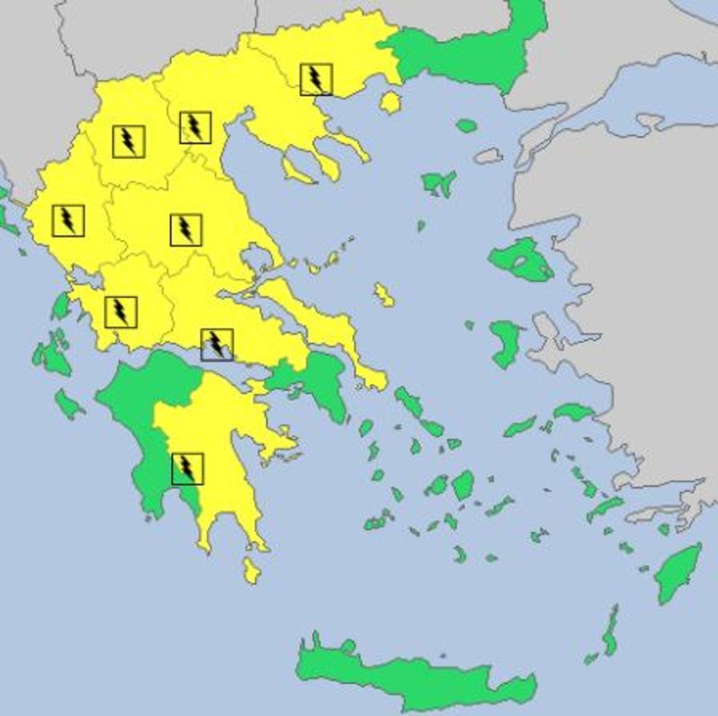 Χάρτης όπου εικονίζονται με κίτρινο χρώμα τα σημεία της χώρας όπου αναμένονται βροχές και καταιγίδες τη Μεγάλη Παρασκευή