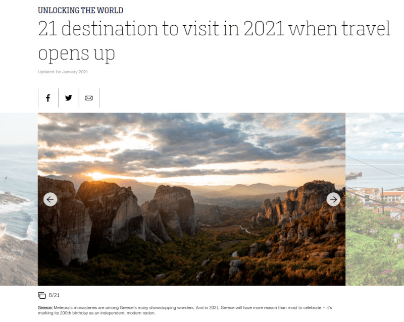 Τα Μετέωρα στους κορυφαίους προορισμούς για το 2021 