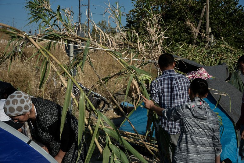 Μόρια πρόσφυγες και μετανάστες κατασκευάζουν σκηνές από καλάμια