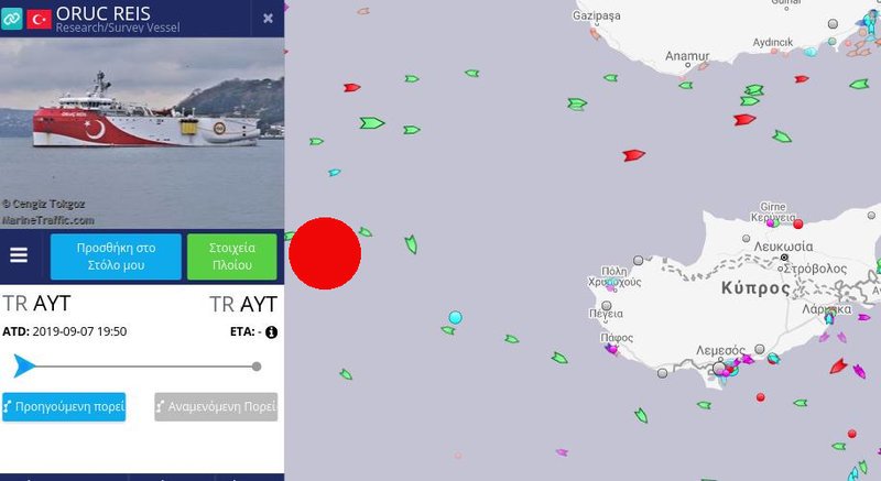 Η κόκκινη βούλα σηματοδοτεί τη θέση του ερευνητικού σκάφους της Τουρκίας «Ορούτς Ρέις»