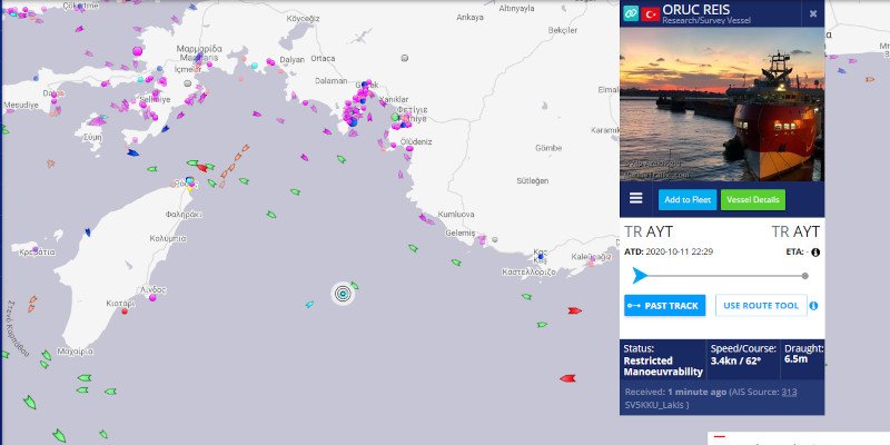 το Oruc Reis μεταξύ Ρόδου και Καστελλόριζου