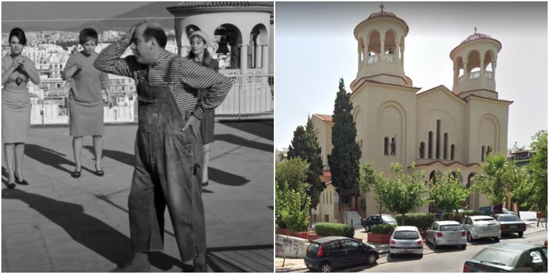 Η ταράτσα της πολυκατοικίας στον Παπατρέχα έχει δεξιά της τους τρούλους του Προφήτη Ηλία στην Υμηττού. Δεξιά: Γωνία Υμηττού και Αρύβου σήμερα με φόντο την εκκλησία του Προφήτη Ηλία.