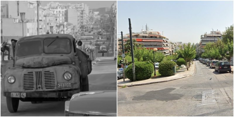 Αριστερά: Η Υμηττού προς το Χίλτον, το 1966 στην ταινία «Παπατρέχας». Δεξιά: Η Υμηττού σήμερα