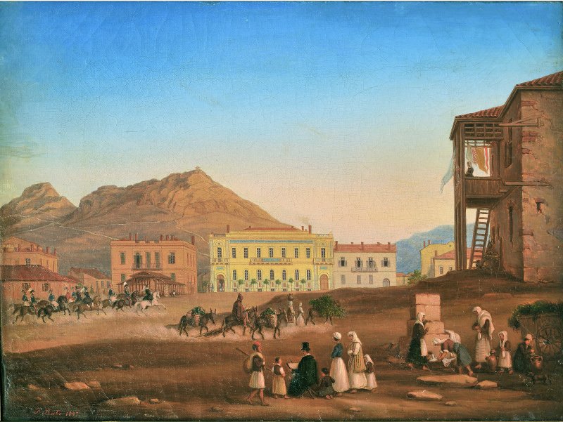 Η πλατεία Λουδοβίκου (σημερινή Κοτζιά), στην Αθήνα, 1847. Πίνακας του Γερμανού ζωγράφου Johannes Rabe. Στο κέντρο του πίνακα διακρίνεται το περίφημο «Ξενοδοχείον της Αγγλίας», ενώ δίπλα αριστερά το κτήριο που αγόρασε η Εθνική Τράπεζα το 1845 από τον Κυριάκο Δομνάδο, για να αποτελέσει κεντρικό κατάστημα της Τράπεζας.
