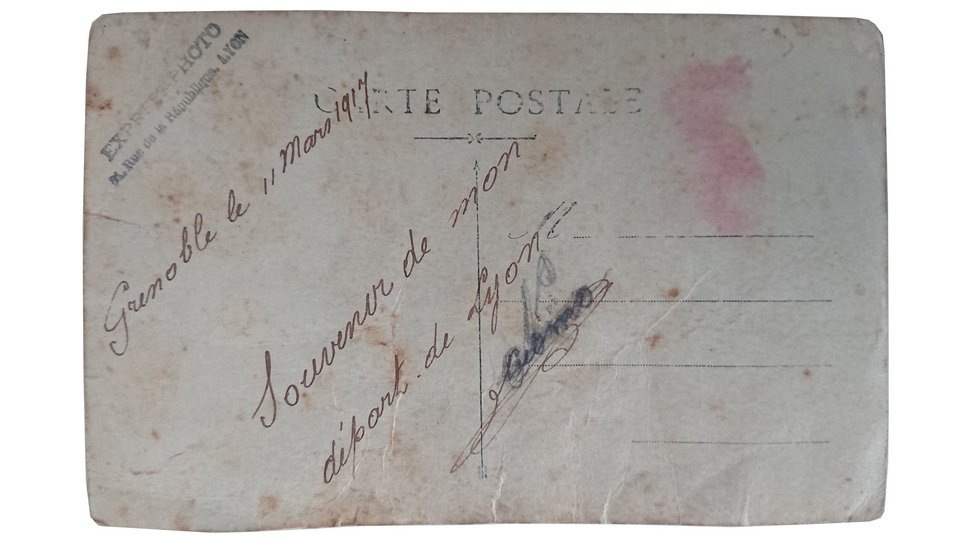 «Γκρενόμπλ 11 Μαρτίου 1917, ενθύμιο της αναχώρησής μου από τη Λυών" η σημείωση στο πίσω μέρος της φωτογραφίας