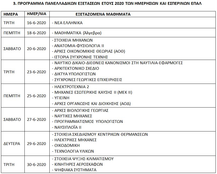 Το πρόγραμμα των Πανελληνίων για τα ΕΠΑΛ
