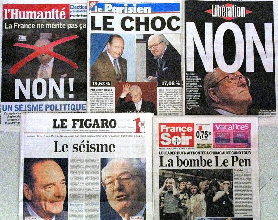 Τα πρωτοσέλιδα των γαλλικών εφημερίδων την επομένη της πρόκρισης του Ζαν Μαρί Λε Πεν στο β' γύρο των προεδρικών εκλογών το 2002
