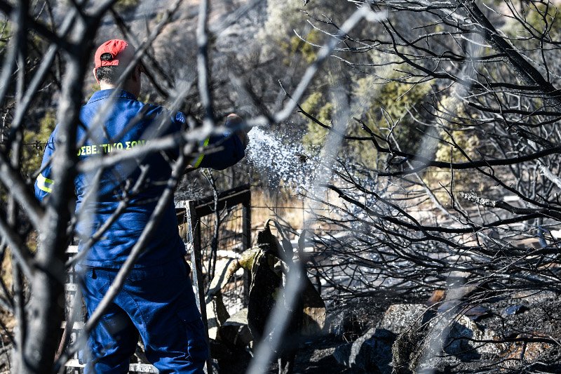 Πυροσβέστης επιχειρεί στο δάσος πάνω από την Παιανία για τυχόν μικροεστίες