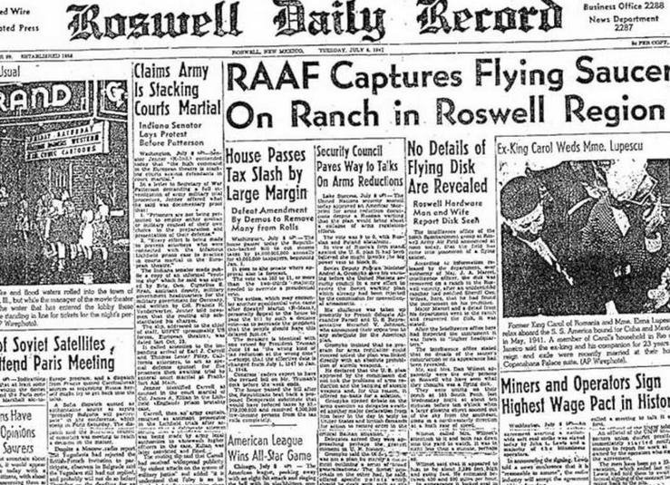 Το πρωτοσέλιδο της Roswell Daily Record της 8ης Ιουλίου 1947, που έκανε λόγο για «ιπτάμενο δίσκο».