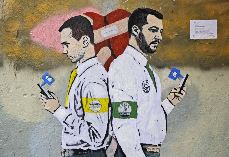 Λουίτζι Ντι Μάιο και Ματέο Σαλβίνι με τις πλάτες στραμμένες ο ένας στον άλλο σε γκράφιτι τοίχου στη Ρώμη