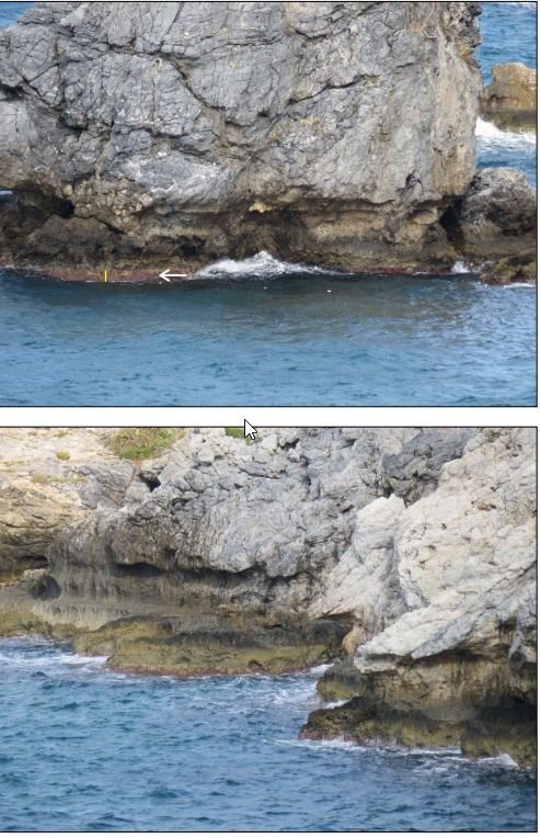 Κοντινή άποψη της συνσεισμικής ανύψωσης σε σχηματισμούς μαρμάρων στην περιοχή δυτικά του λιμανιού Καρλοβασίου.
