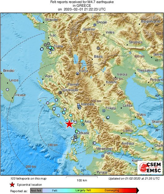 Ο χάρτης του EMSC με τον σεισμό των 4,7 Ρίχτερ στην Πάργα