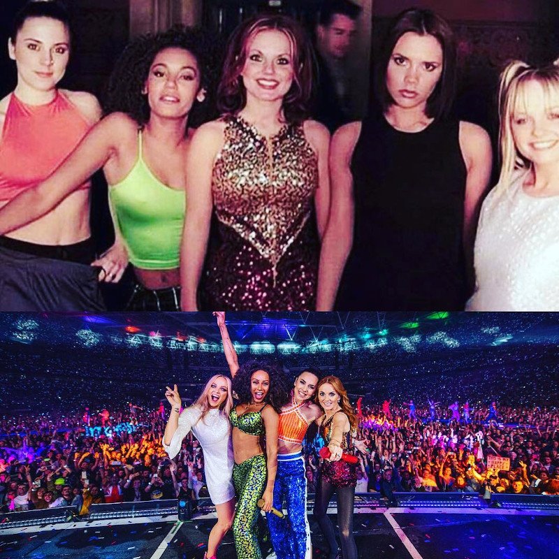 οι Spice Girls σε μια παλιά και σε μια πιο πρόσφατη φωτογραφία