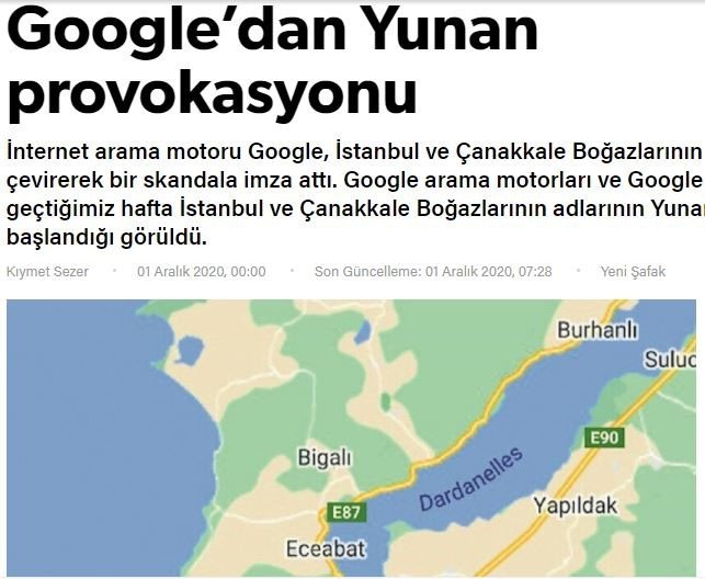 Το δημοσίευμα της Yeni Safak για την προβοκάτσια της... Google και της Ελλάδας