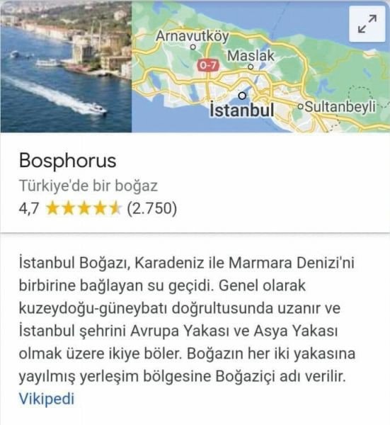 O Βόσπορος στην τουρκική έκδοση της Google