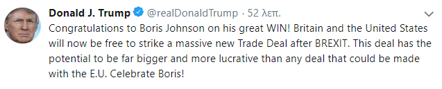 Η ανάρτηση του Ντόναλντ Τραμπ για τη νίκη του Μπόρις Τζόνσον στο twitter