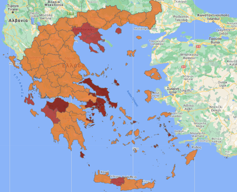 Ο ισχύον χάρτης επιδημιολογικής επιτήρησης για τον κορωνοϊό, όπως ισχύει σήμερα